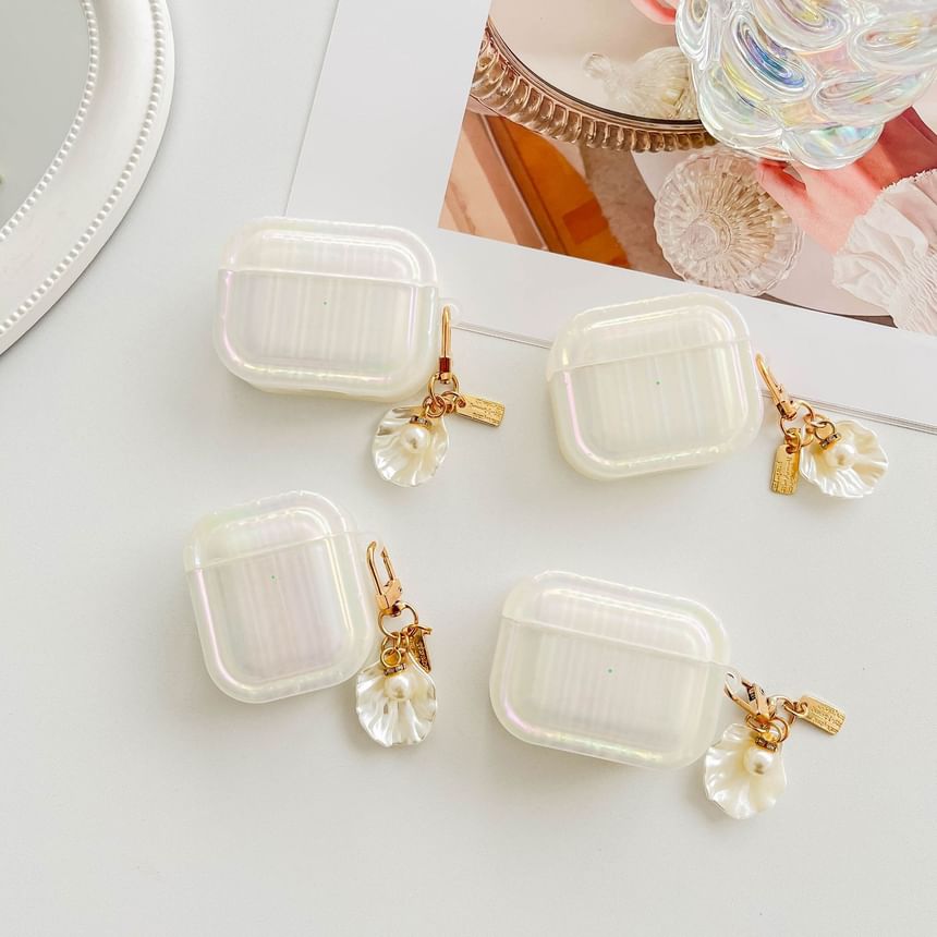 Pearl White Striped Earphone Case Cover with Shell Charm - Compatible with AirPods and AirPods Pro