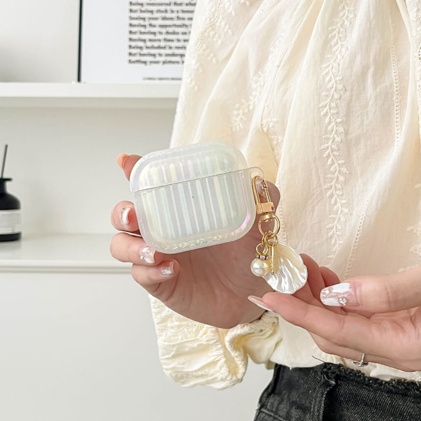 Pearl White Striped Earphone Case Cover with Shell Charm - Compatible with AirPods and AirPods Pro
