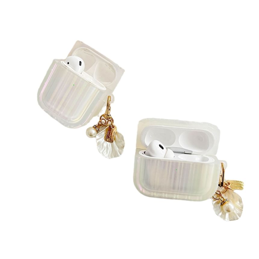 Pearl White Striped Earphone Case Cover with Shell Charm - Compatible with AirPods and AirPods Pro