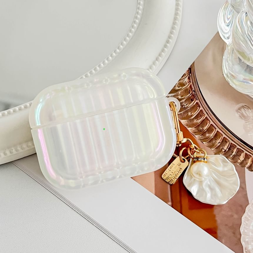 Pearl White Striped Earphone Case Cover with Shell Charm - Compatible with AirPods and AirPods Pro