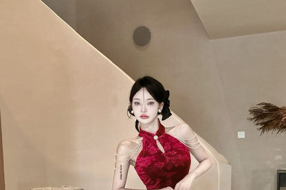Halter Neck Stand Collar Floral Jacquard Cutout Slit Velvet Midi Sheath Qipao / Faux Pearl Layered Chain / Set