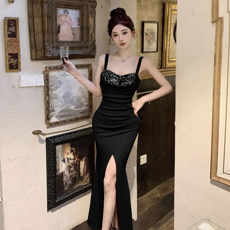 Sleeveless Square Neck Sequin Ruched Slit Panel Maxi Sheath Dress