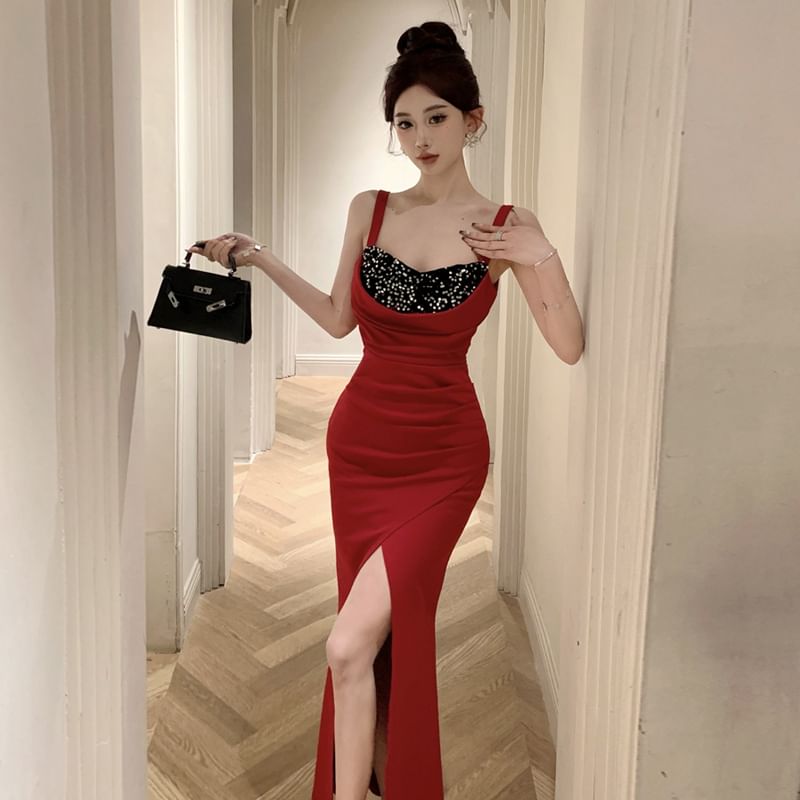 Sleeveless Square Neck Sequin Ruched Slit Panel Maxi Sheath Dress