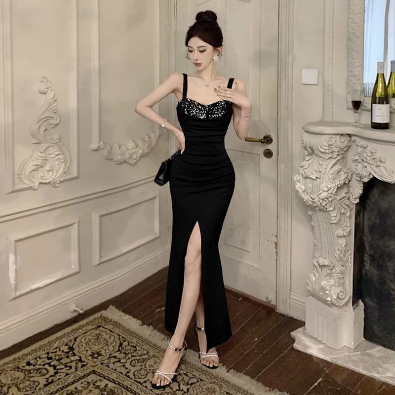 Sleeveless Square Neck Sequin Ruched Slit Panel Maxi Sheath Dress