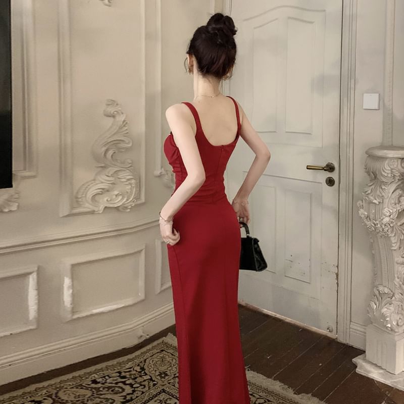 Sleeveless Square Neck Sequin Ruched Slit Panel Maxi Sheath Dress