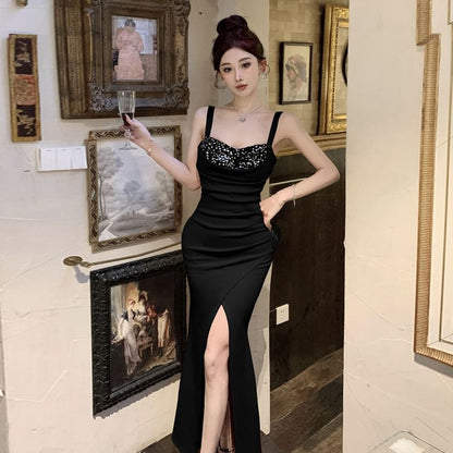 Sleeveless Square Neck Sequin Ruched Slit Panel Maxi Sheath Dress