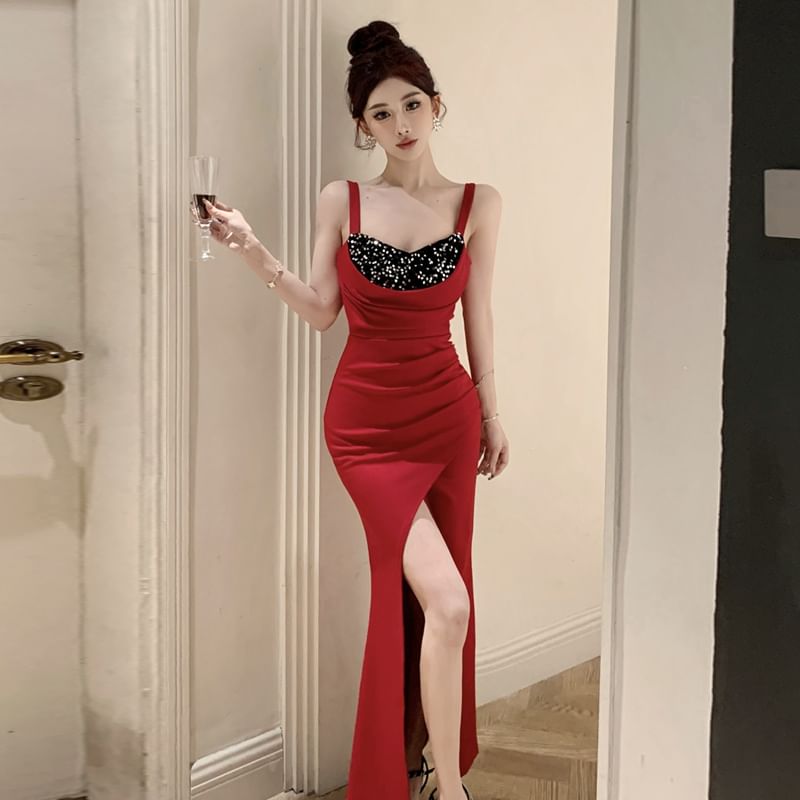 Sleeveless Square Neck Sequin Ruched Slit Panel Maxi Sheath Dress