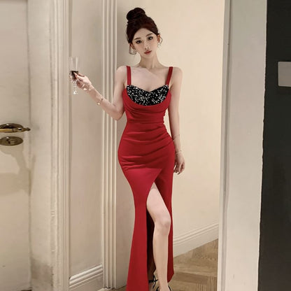 Sleeveless Square Neck Sequin Ruched Slit Panel Maxi Sheath Dress