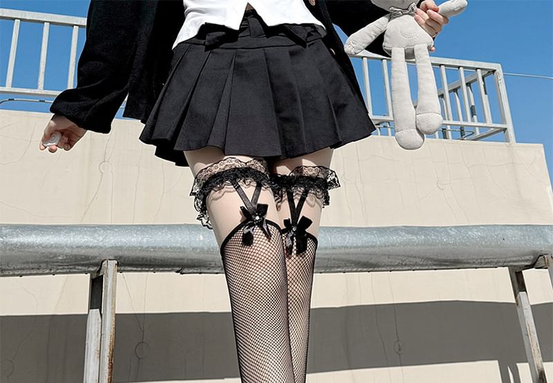 Mesh Stockings Cutout Bow Lace Trim
