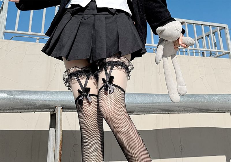 Mesh Stockings Cutout Bow Lace Trim