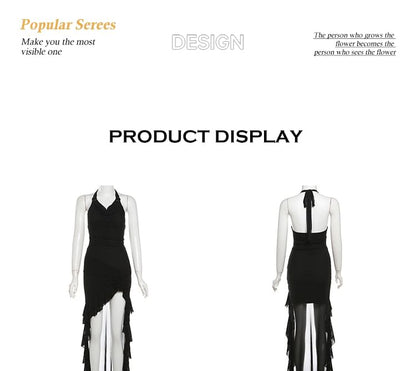 Halter Cowl Neck Plain Ruffle Asymmetrical Sheath Dress