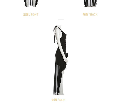 Halter Cowl Neck Plain Ruffle Asymmetrical Sheath Dress