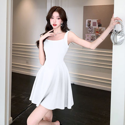 Sleeveless Square Neck Plain Mini A-Line Dress