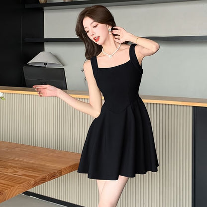 Sleeveless Square Neck Plain Mini A-Line Dress