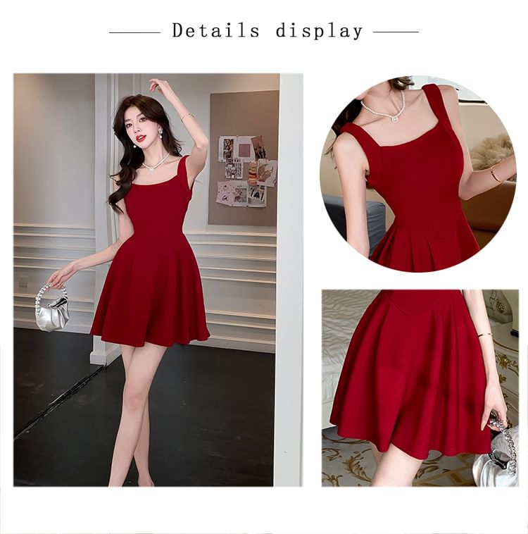 Sleeveless Square Neck Plain Mini A-Line Dress