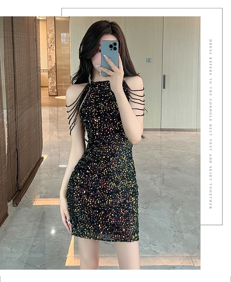 Cold-Shoulder Sequin Strappy Mini Sheath Dress