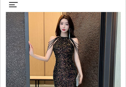 Cold-Shoulder Sequin Strappy Mini Sheath Dress