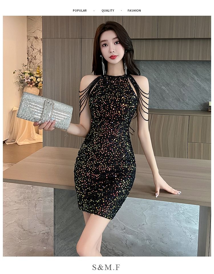 Cold-Shoulder Sequin Strappy Mini Sheath Dress