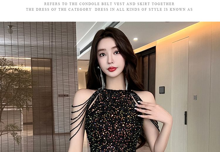 Cold-Shoulder Sequin Strappy Mini Sheath Dress