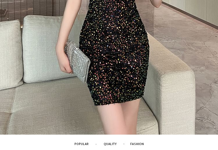 Cold-Shoulder Sequin Strappy Mini Sheath Dress