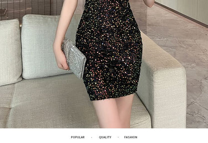 Cold-Shoulder Sequin Strappy Mini Sheath Dress