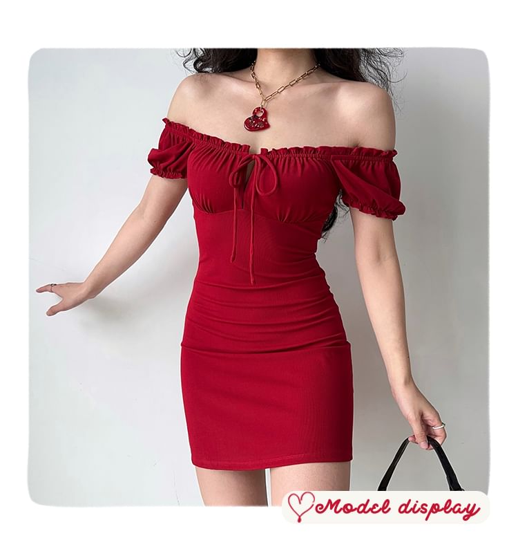 Short-Sleeve Square Neck Plain Mini Sheath Dress