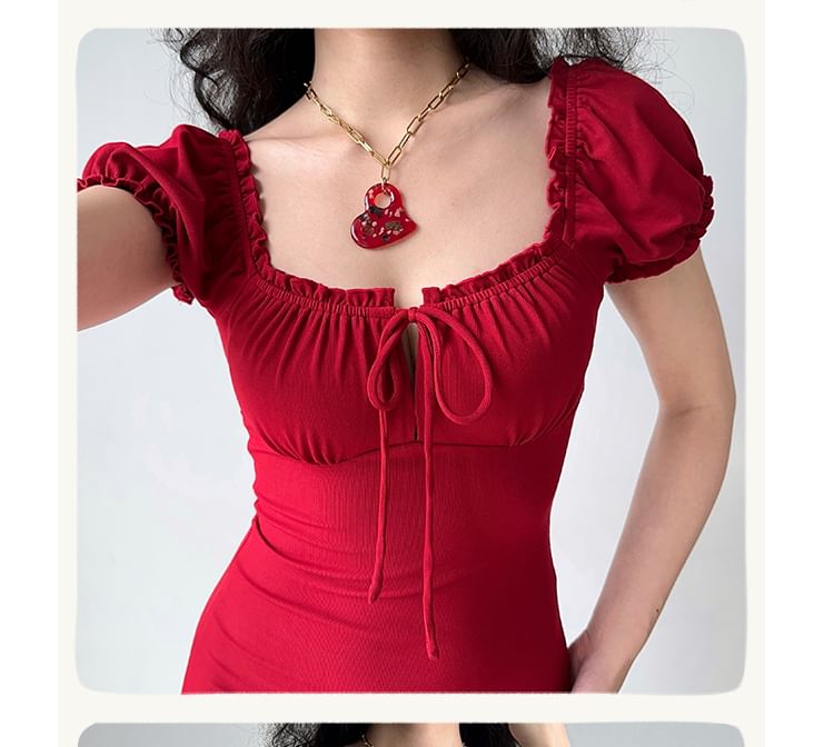 Short-Sleeve Square Neck Plain Mini Sheath Dress