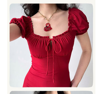 Short-Sleeve Square Neck Plain Mini Sheath Dress