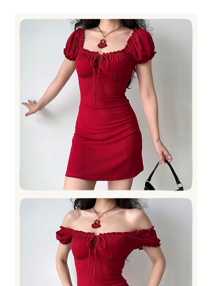 Short-Sleeve Square Neck Plain Mini Sheath Dress