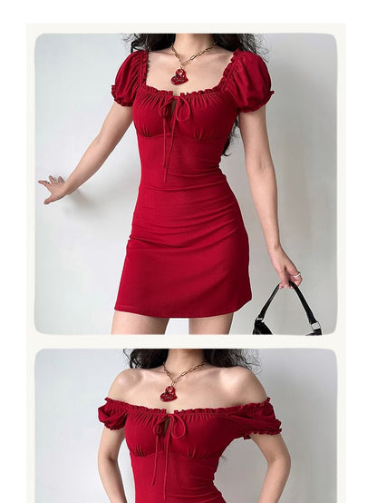 Short-Sleeve Square Neck Plain Mini Sheath Dress