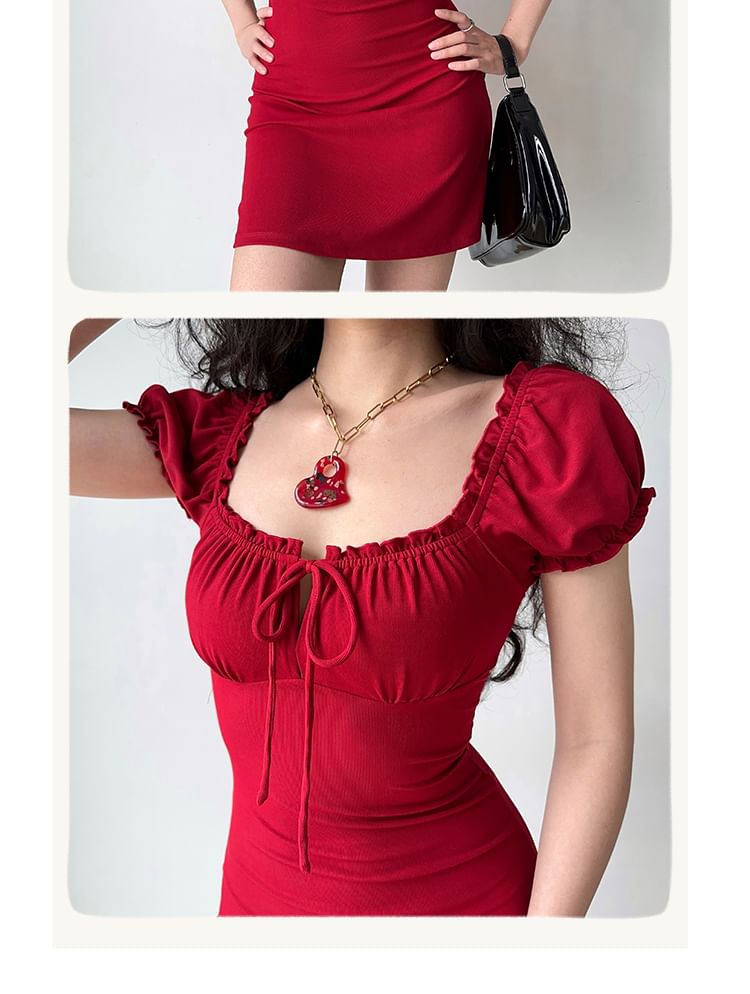 Short-Sleeve Square Neck Plain Mini Sheath Dress