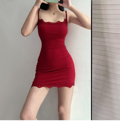 Spaghetti Strap Plain Lace Trim Mini Bodycon Dress