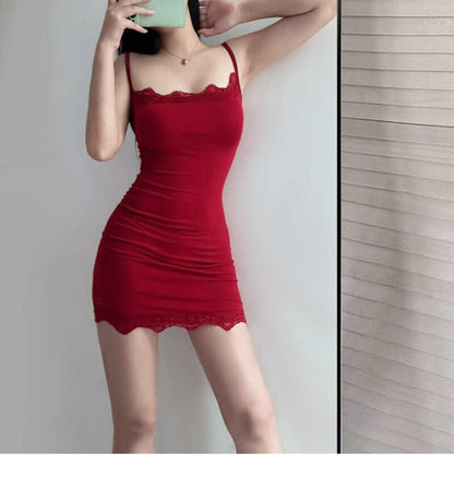 Spaghetti Strap Plain Lace Trim Mini Bodycon Dress