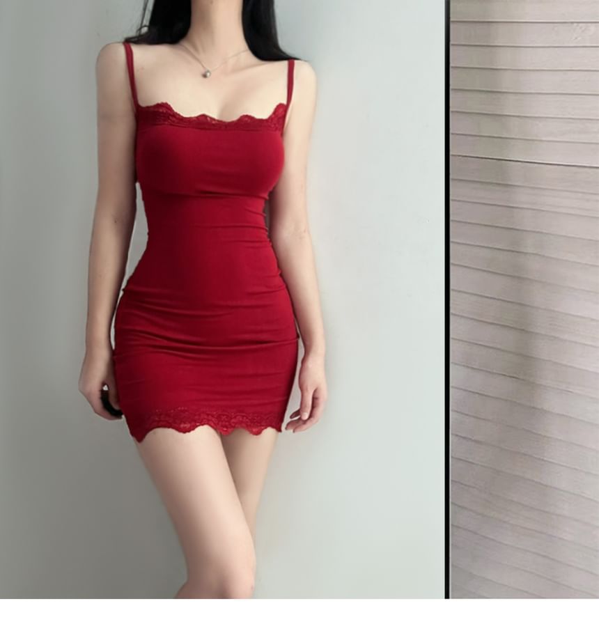 Spaghetti Strap Plain Lace Trim Mini Bodycon Dress
