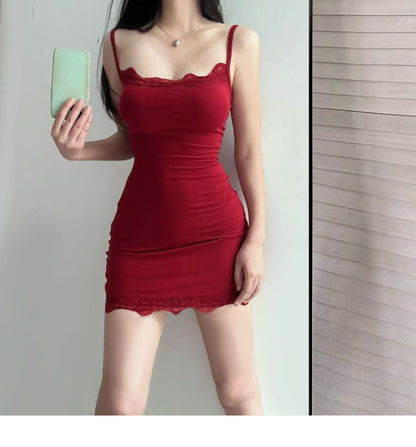 Spaghetti Strap Plain Lace Trim Mini Bodycon Dress