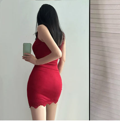 Spaghetti Strap Plain Lace Trim Mini Bodycon Dress