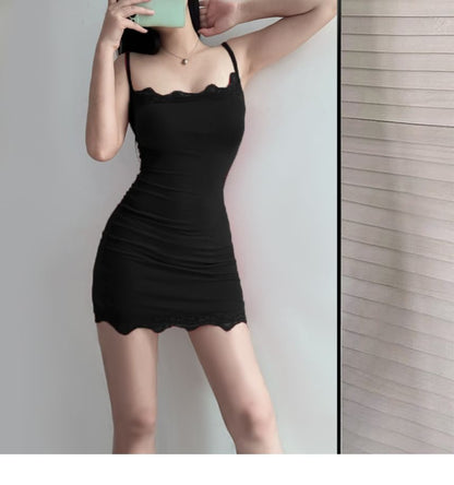 Spaghetti Strap Plain Lace Trim Mini Bodycon Dress