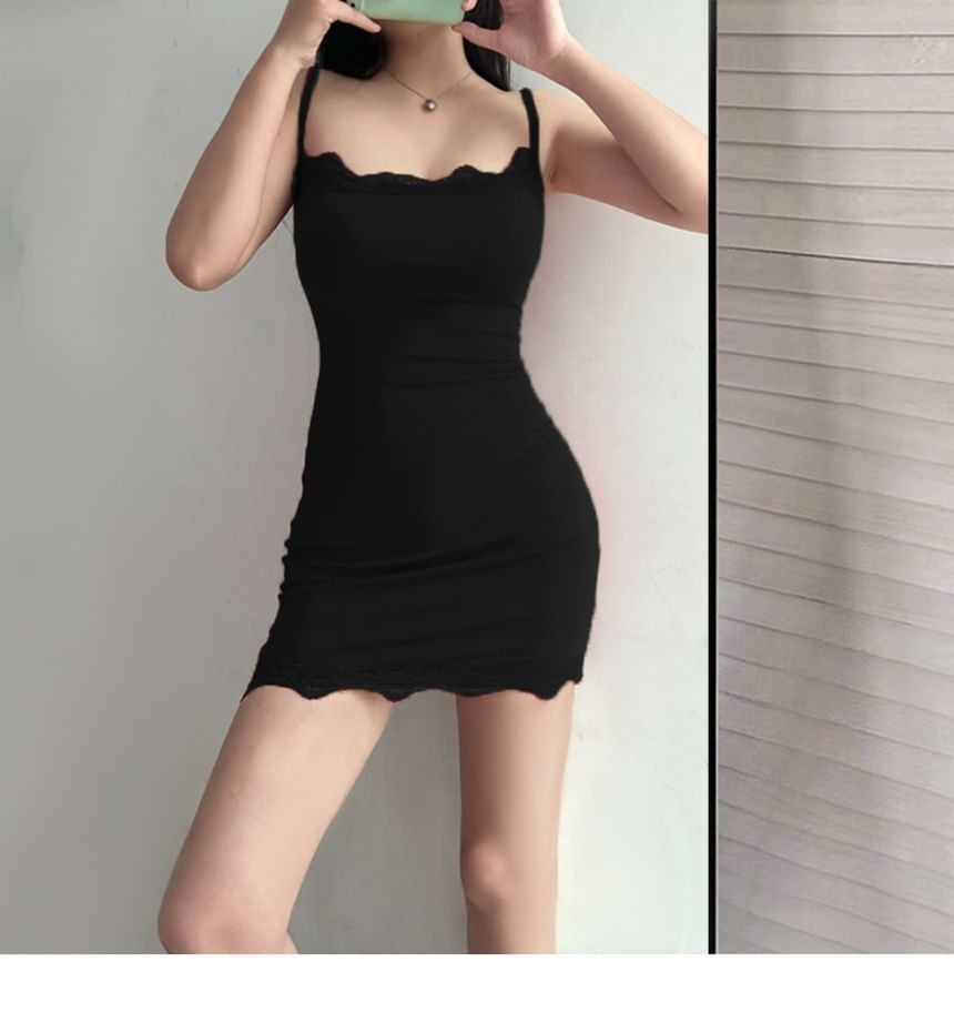 Spaghetti Strap Plain Lace Trim Mini Bodycon Dress