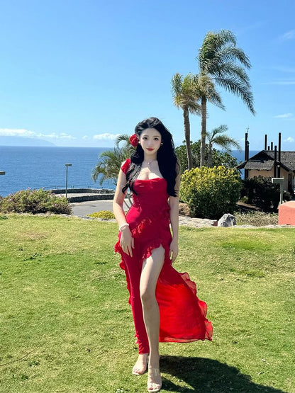 Sleeveless Square Neck Plain Ruffle Trim Open Back Slit Maxi Bodycon Dress