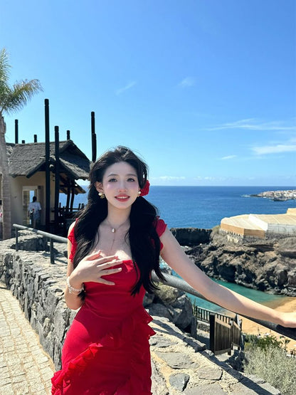 Sleeveless Square Neck Plain Ruffle Trim Open Back Slit Maxi Bodycon Dress