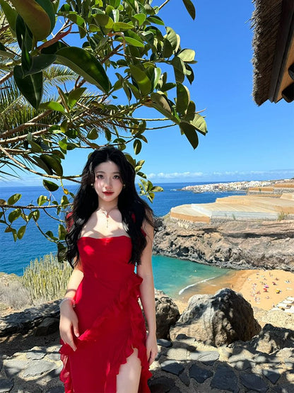 Sleeveless Square Neck Plain Ruffle Trim Open Back Slit Maxi Bodycon Dress