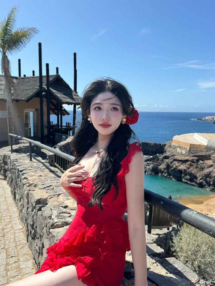 Sleeveless Square Neck Plain Ruffle Trim Open Back Slit Maxi Bodycon Dress