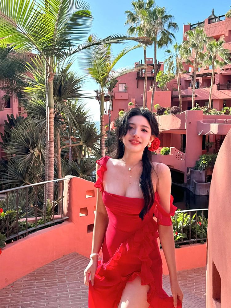 Sleeveless Square Neck Plain Ruffle Trim Open Back Slit Maxi Bodycon Dress