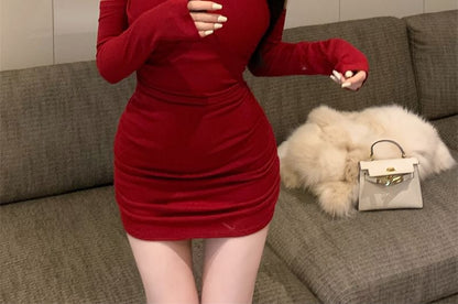 Long Sleeve Cold Shoulder Plain Mini Sheath Dress