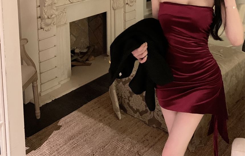 Plain Asymmetrical Drawstring Velvet Mini Sheath Tube Dress