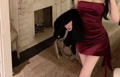 Plain Asymmetrical Drawstring Velvet Mini Sheath Tube Dress