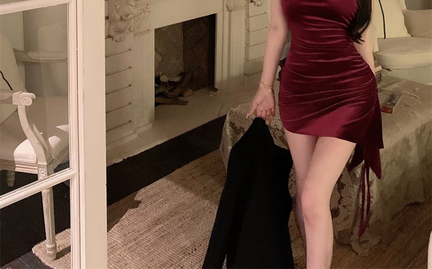 Plain Asymmetrical Drawstring Velvet Mini Sheath Tube Dress