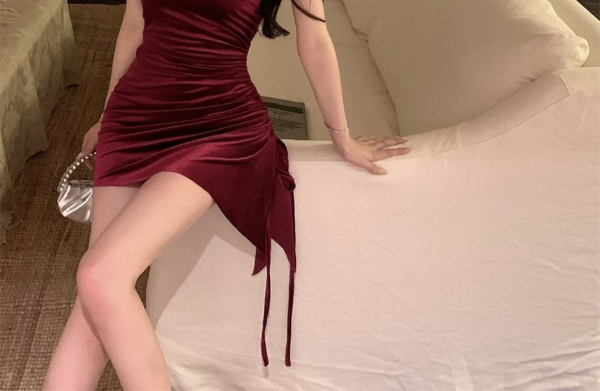 Plain Asymmetrical Drawstring Velvet Mini Sheath Tube Dress