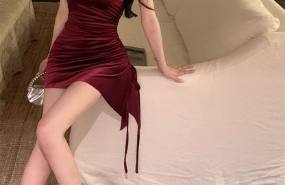 Plain Asymmetrical Drawstring Velvet Mini Sheath Tube Dress