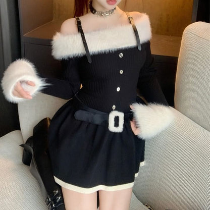 Set: Long-Sleeve Cold Shoulder Two Tone Fluffy Panel Buckled Mini A-Line Knit Dress + Belt